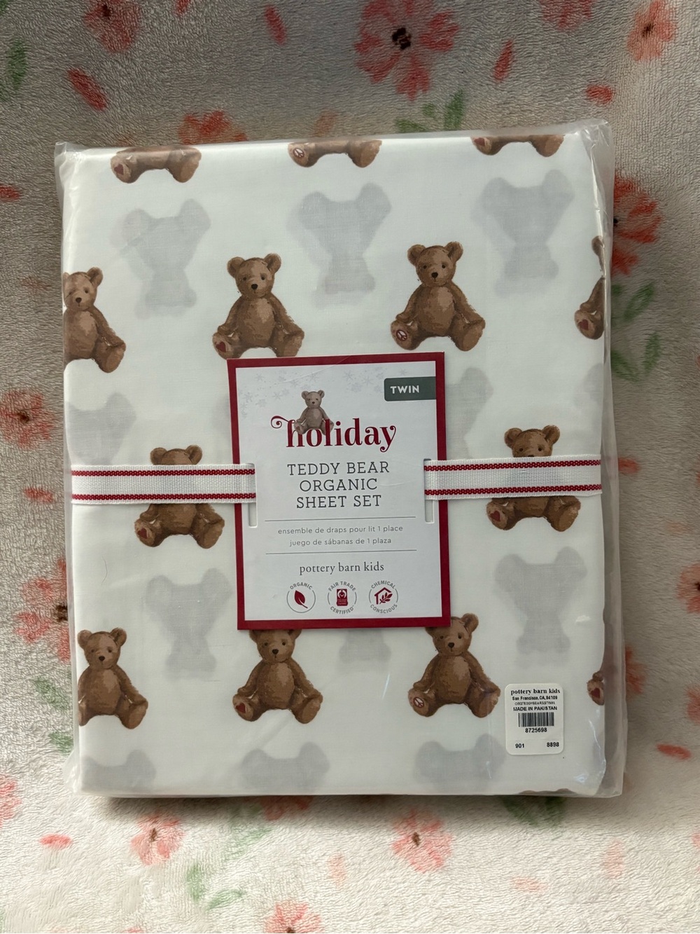 NWT Pottery Barn Kids Teddy Bear Holiday Organic Twin Sheet Set - White/Brown